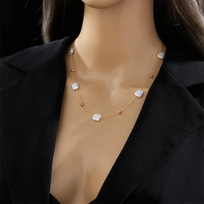 DIEYURO 316L Stainless Steel Square Large Pearl Pendant Necklace For Women New Fashion Girls Clavicle Chain Party Jewelry Gift