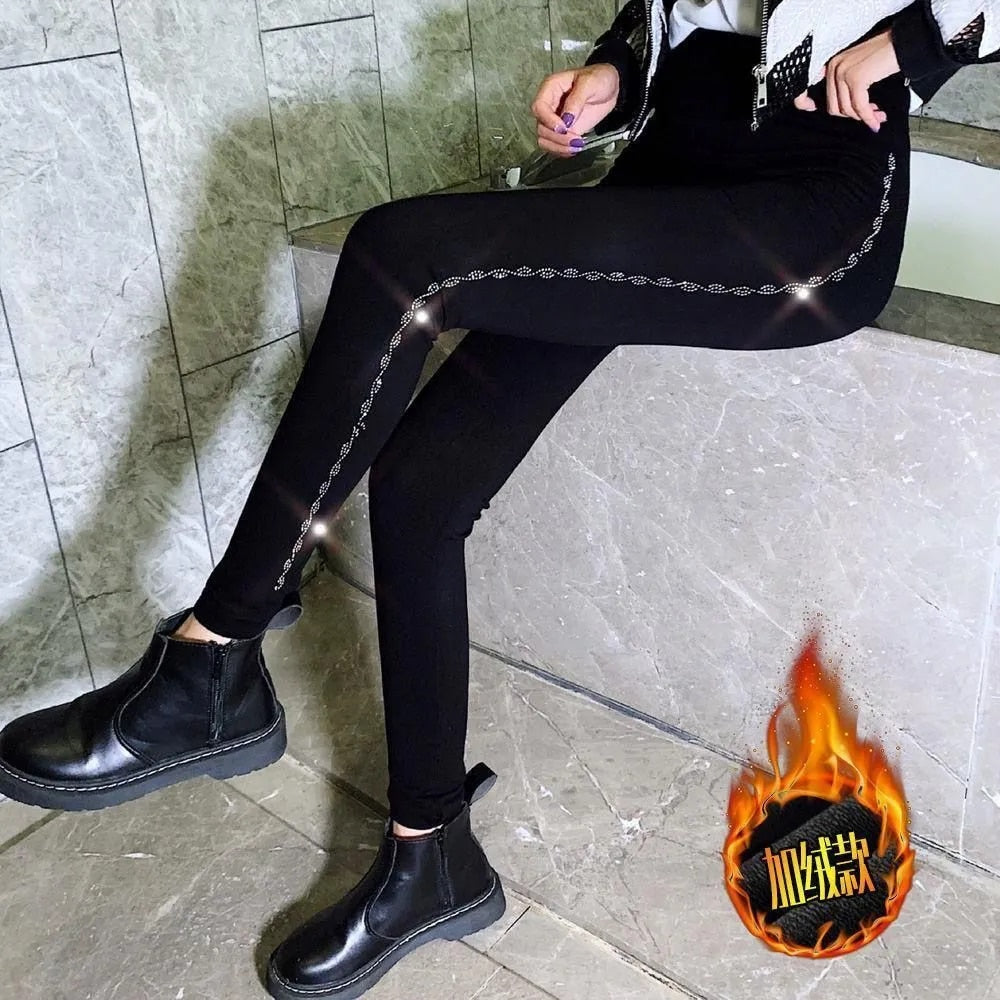 New Autumn Winter High Waist Stretch Thicken Velvet Women Leggings Blingbling Hot Drilling Ankle-length Bottoming Pants Black