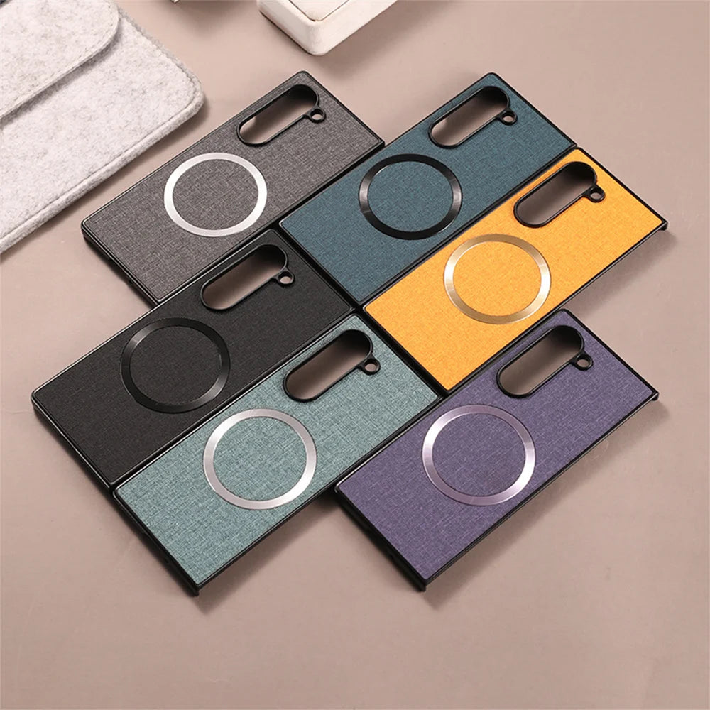 Luxury Fabric Cloth for Magsafe Case for Samsung Galaxy Z Fold 6 5 4 3 Magnetic Wireless Charging Ultra Slim Shockproof Cover