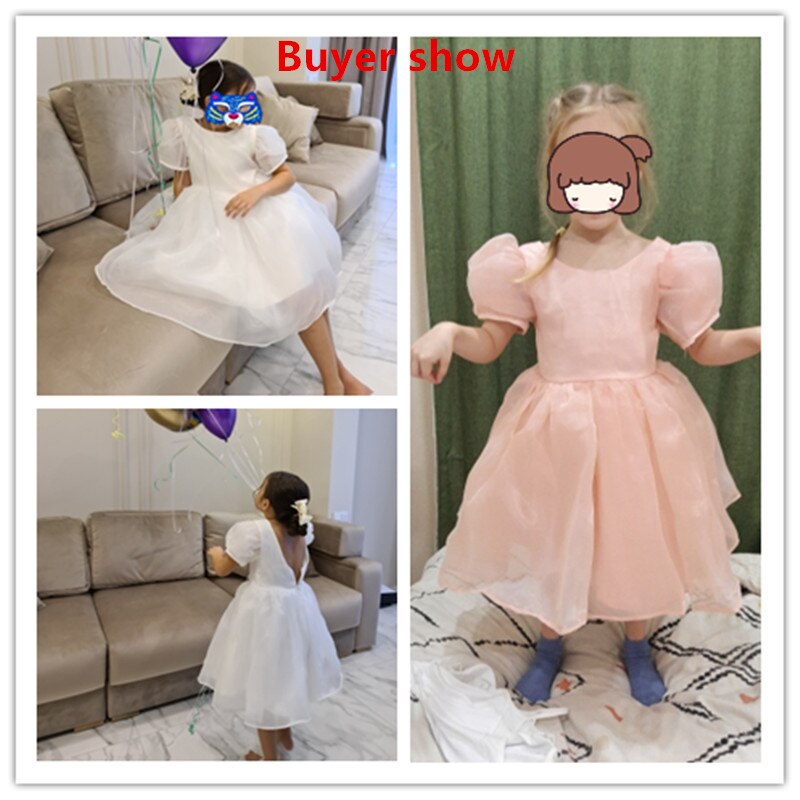 Girls Wedding Puff Sleeve Princess Costume 2023 Fashion Pink Elegant Ball Gown Dresses 3-8 Yrs Kids Vestido For Birthday Party