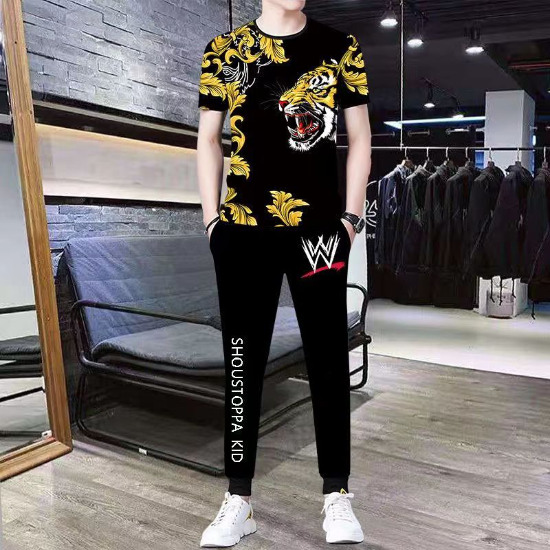 Summer new ice silk suit male summer youth fashion brand short sleeve T-shirt male loose pants casual sportswear male