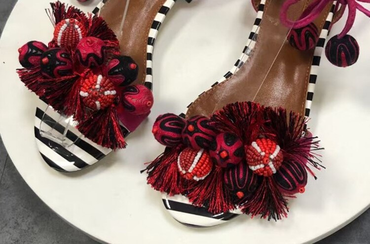 Wool Knitting Ball Tassels Sandals Women Ankle Wrap Striped Color Fringed Pompoms Stiletto Heel Suede Party Shoes Woman