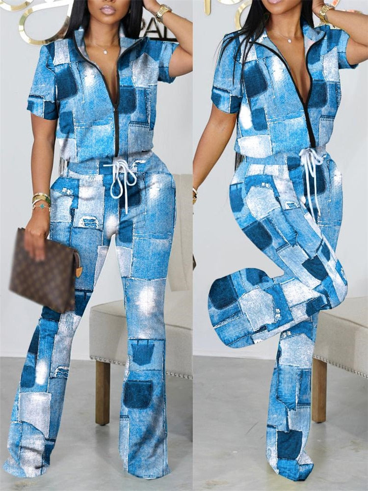 2023 Two Piece Sets Womens Geometric Print Zip Up Top &amp; Drawstring Pants Set Outifits Fashion Tracksuits Casual T Female Outfit