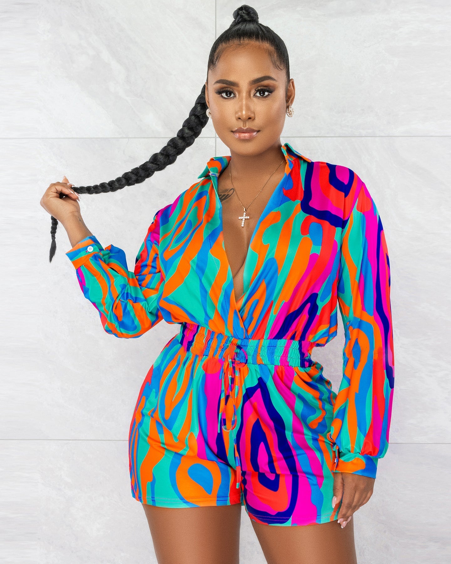 CM.YAYA Chic Women Tie Dye Black Hole Wrap Lapel Collar Long Sleeve Shirt Style Romper 2023 Spring INS One Piece Suit Playsuit