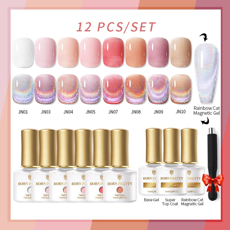 BORN PRETTY 10/12Pcs Gel Nail Polish Set 7ml Jelly Nude Gel &amp; Rainbow Cat Magnetic Gel Polish for Nail Art Design Base Top Coat