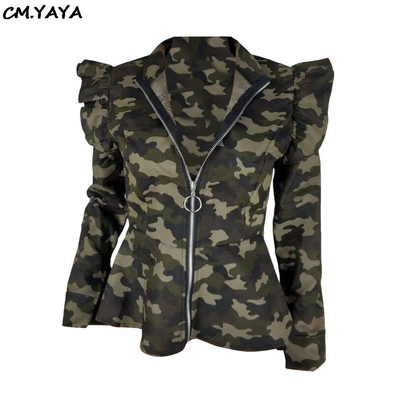 Women New Ruffles Shoulder Long Sleeve Camouflage Zip Open Stand Neck Flare Hem Jackets Fashion Weinter Coats Top Q5071