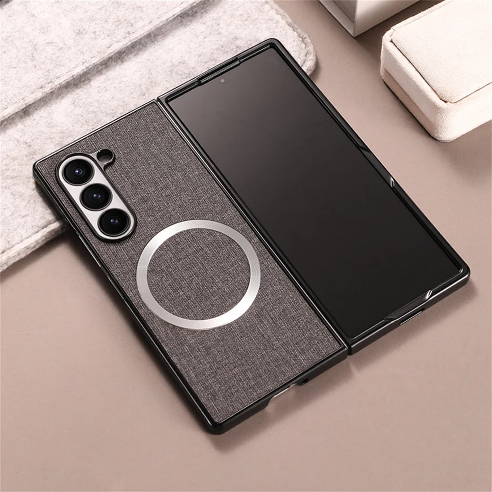 Luxury Fabric Cloth for Magsafe Case for Samsung Galaxy Z Fold 6 5 4 3 Magnetic Wireless Charging Ultra Slim Shockproof Cover