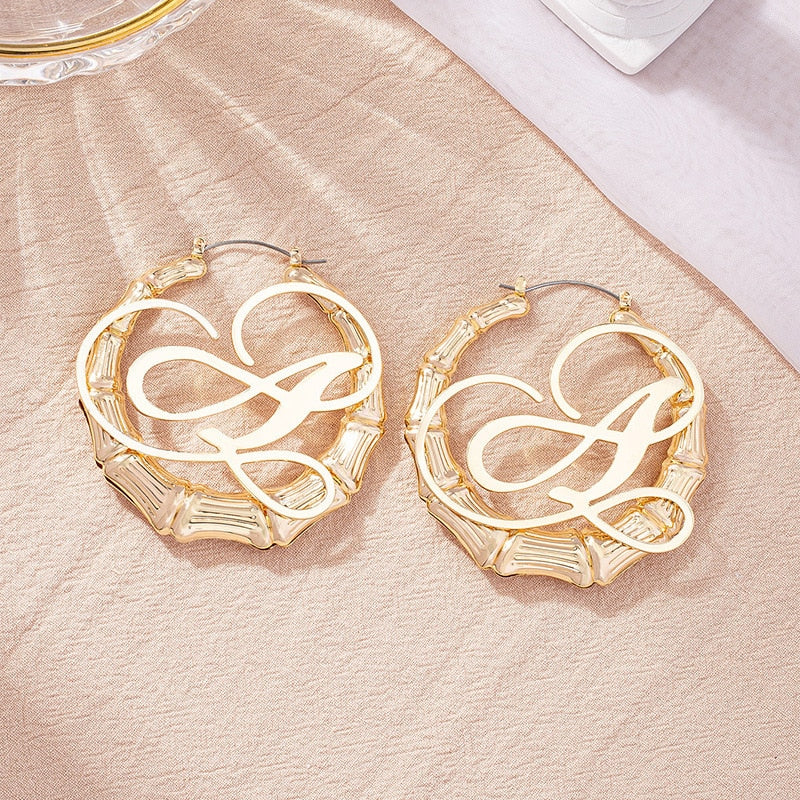 GSOLD Punk Rock A-Z Initial Bamboo Earrings For Women Party Hip-Hop Sexy Jewelry Letter Statement Large Circle Hoop Earring