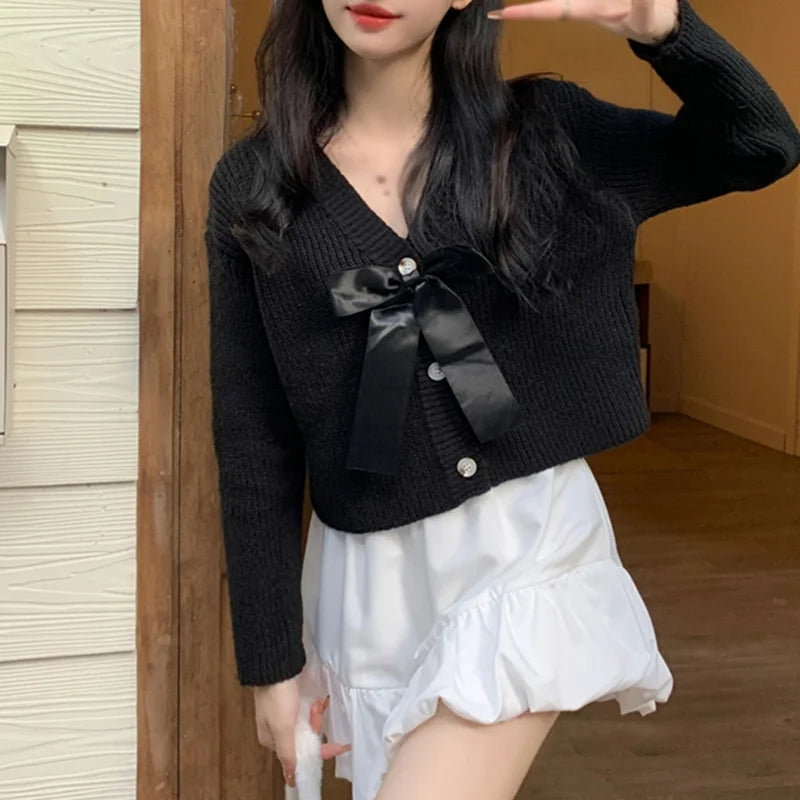 Autumn Women's Kawaii Knit Cardigan Short Style Solid V-neck Long Sleeve Sweet Bow Decoration Sweater Fashion All-match Coat