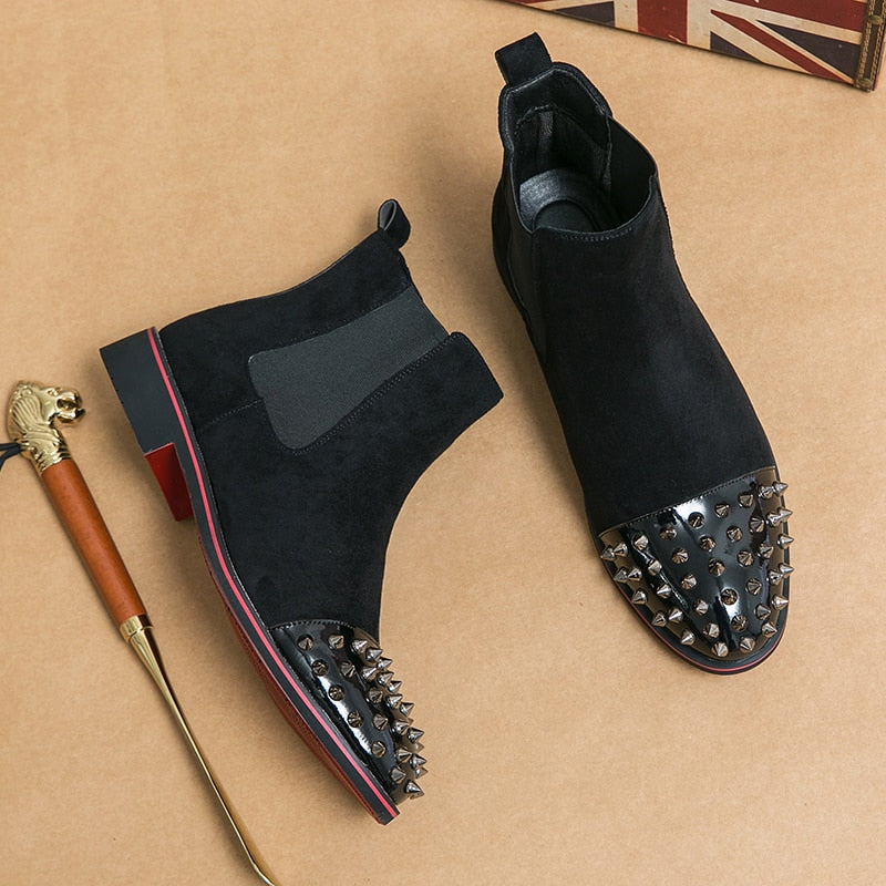 New Black Men Chelsea Boots Flock Rivet Square Toe Red Sole Punk Handmade Men Short Boots Free Shipping Bottes Pour Hommes