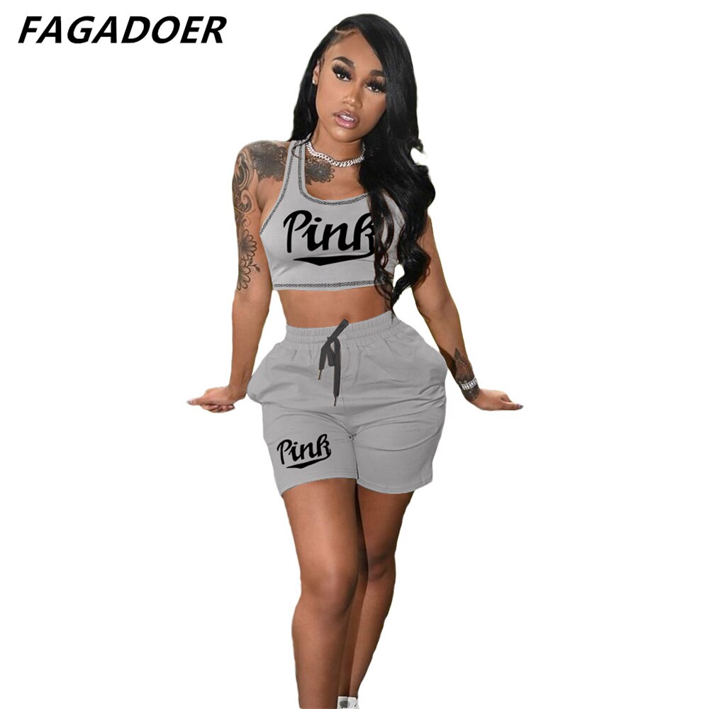 FAGADOER Summer Women Pink Letter Print Sleeveless Crop Top+Pencil Shorts Suit Two Piece Set Tracksuits Outfit Sporty Streetwear