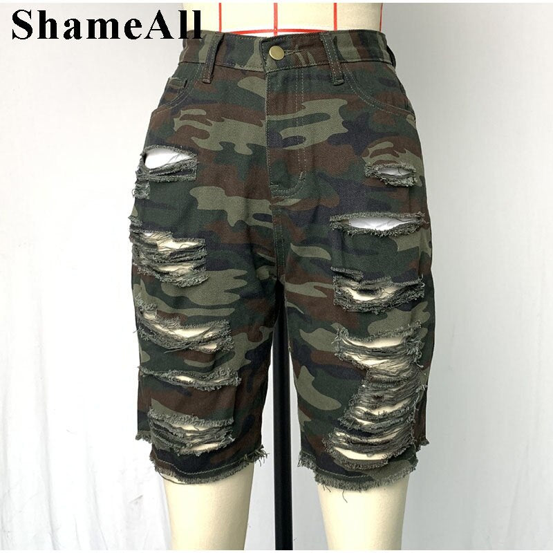 Plus Size Streetwear Ripped Skinny Camouflage Jeans Shorts 5XL Bodycon Workout Running Shorts Women Holographic Biker Bermudas