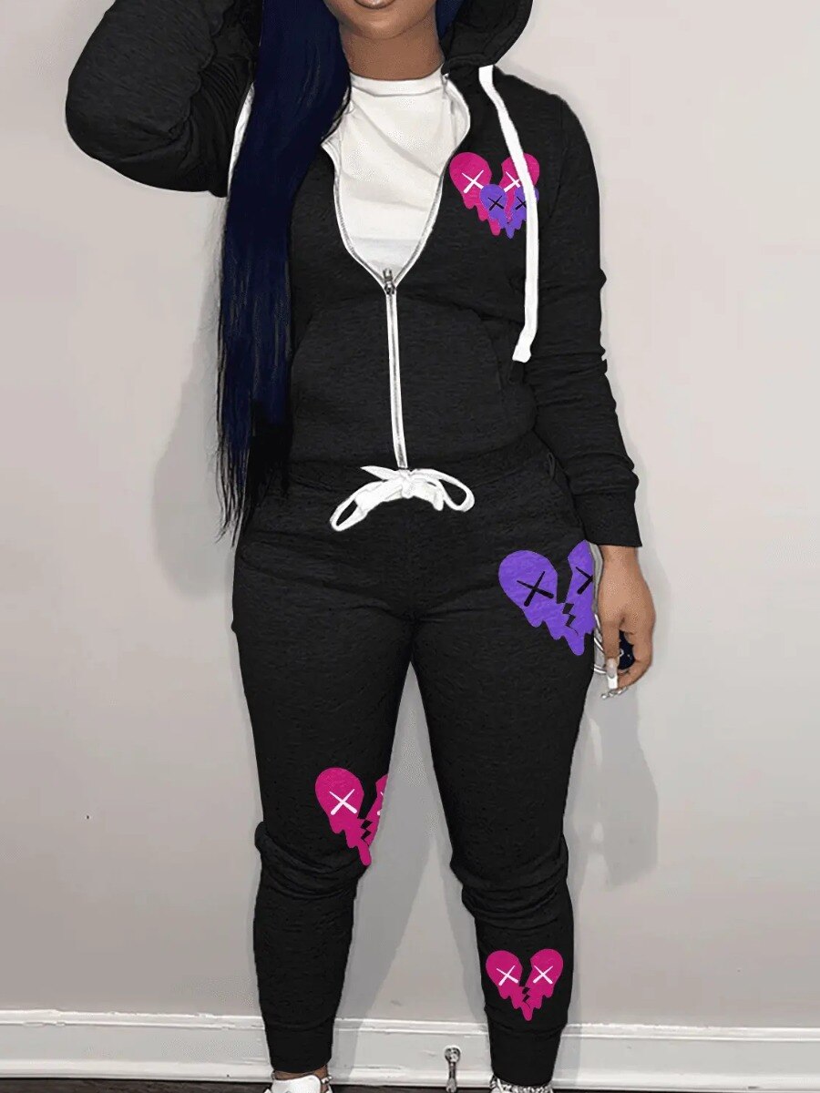 LW Simple Two Piece Set Women Casual Sporty Long Sleeve Zipper Design Top Hooded Collar Broken Heart Print Female Tracksuit Set