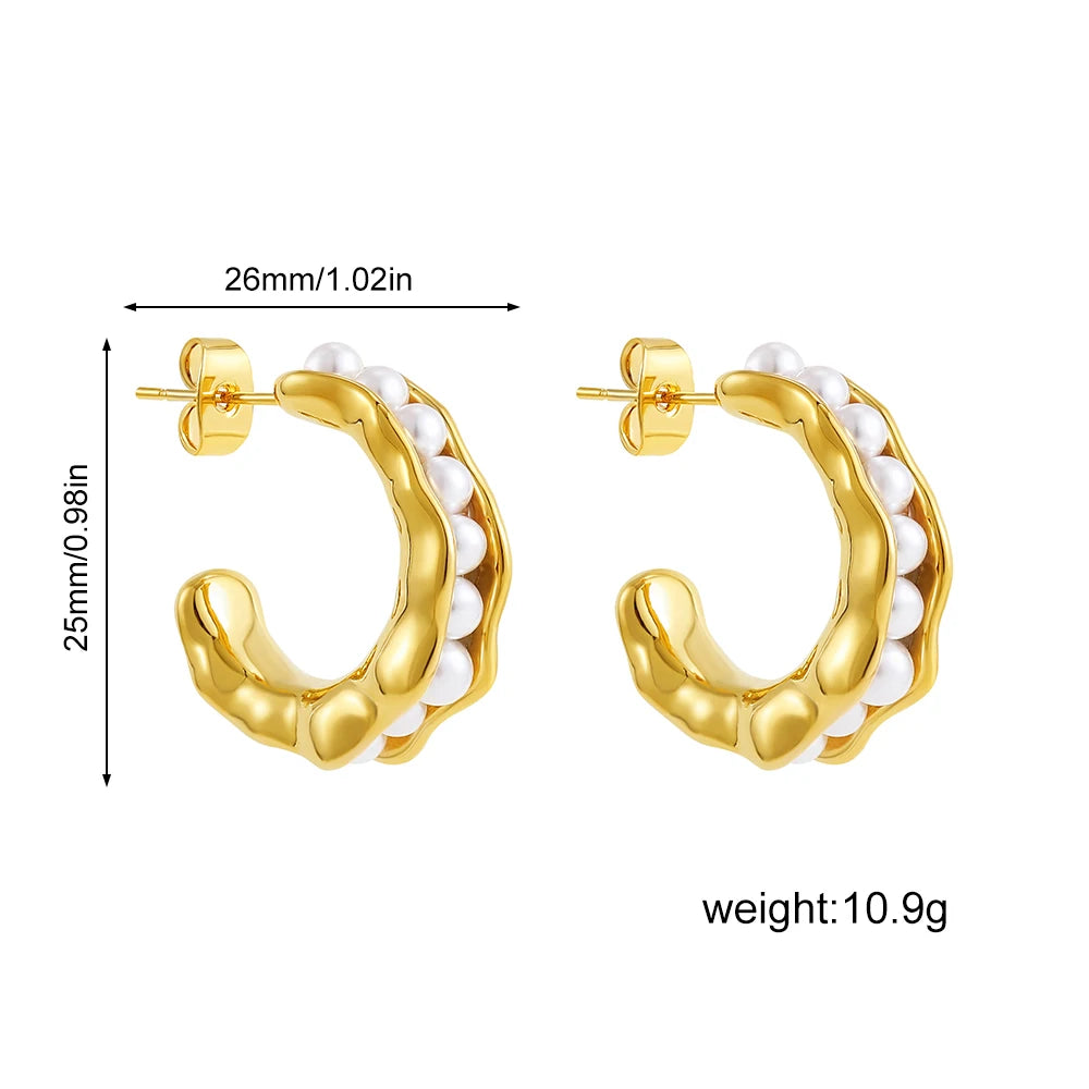 Vintage CC Shape Imitation Pearl Beaded Circle Hoop Earrings for Women Gold Plated Hammered Earring Party Jewelry France Style