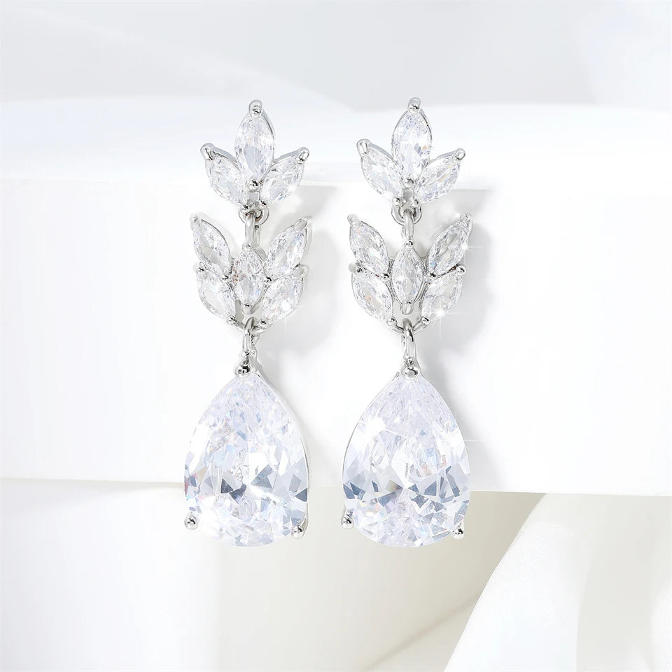 ZAKOL Hot Selling Romantic Water Drop Cubic Zircon Dangle Earrings for Women Fashion Leaf Bridal Wedding Jewelry EP012