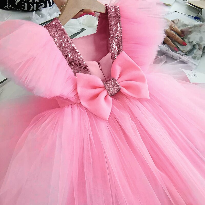 Girls Wedding Puff Sleeve Princess Costume 2023 Fashion Pink Elegant Ball Gown Dresses 3-8 Yrs Kids Vestido For Birthday Party