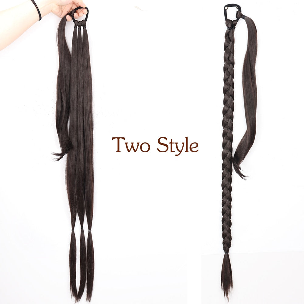 34inches Synthetic Long Braided Ponytail Hair Extensions for Women Black Brown Pony Tail with Hair Rope High Temperature Fiber
