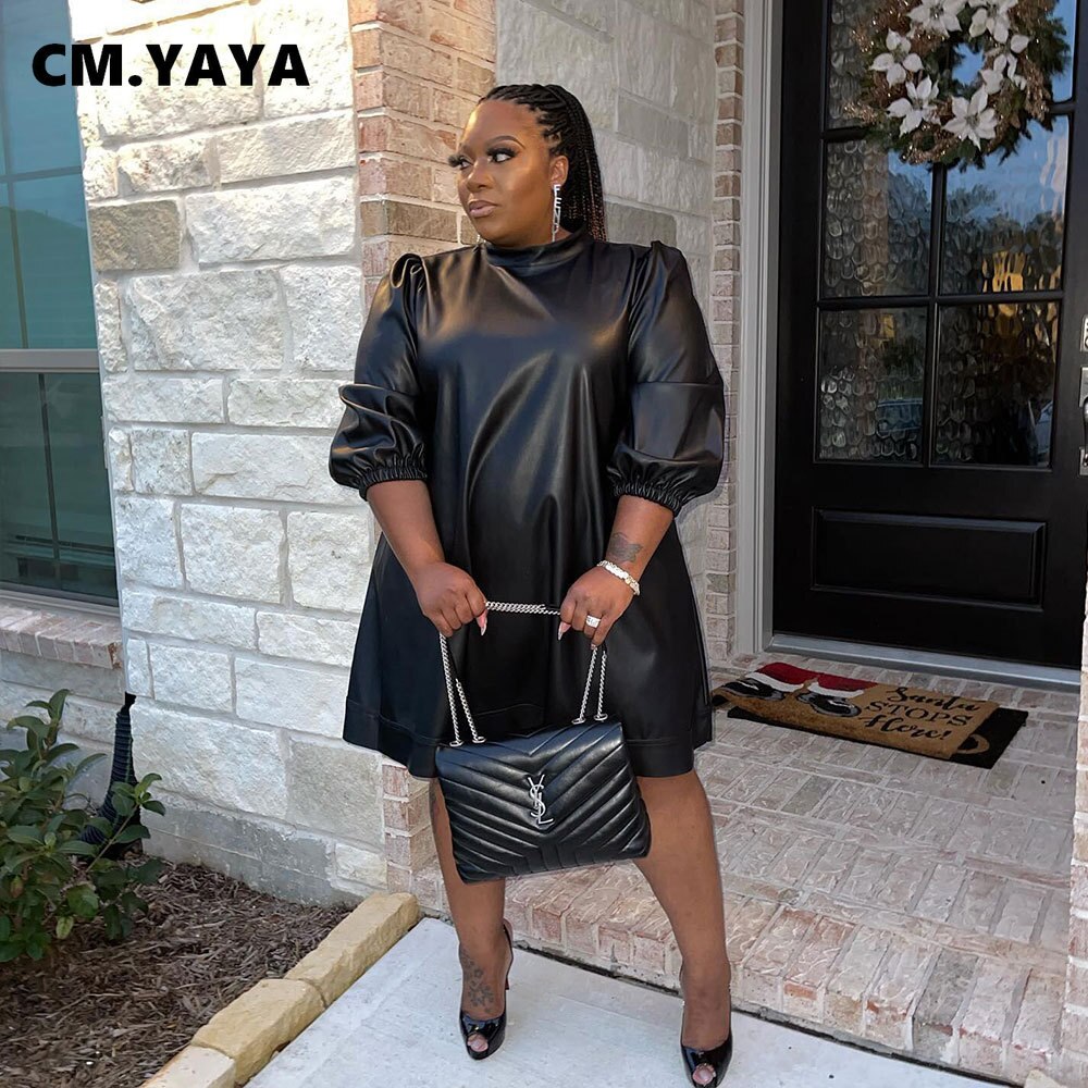 CM.YAYA Plus Size Women Half Length Black Faux Leather PU A-line Knee Length Dress for Winter Spring Streetwear Basic Dresses