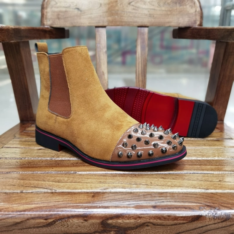 New Black Men Chelsea Boots Flock Rivet Square Toe Red Sole Punk Handmade Men Short Boots Free Shipping Bottes Pour Hommes