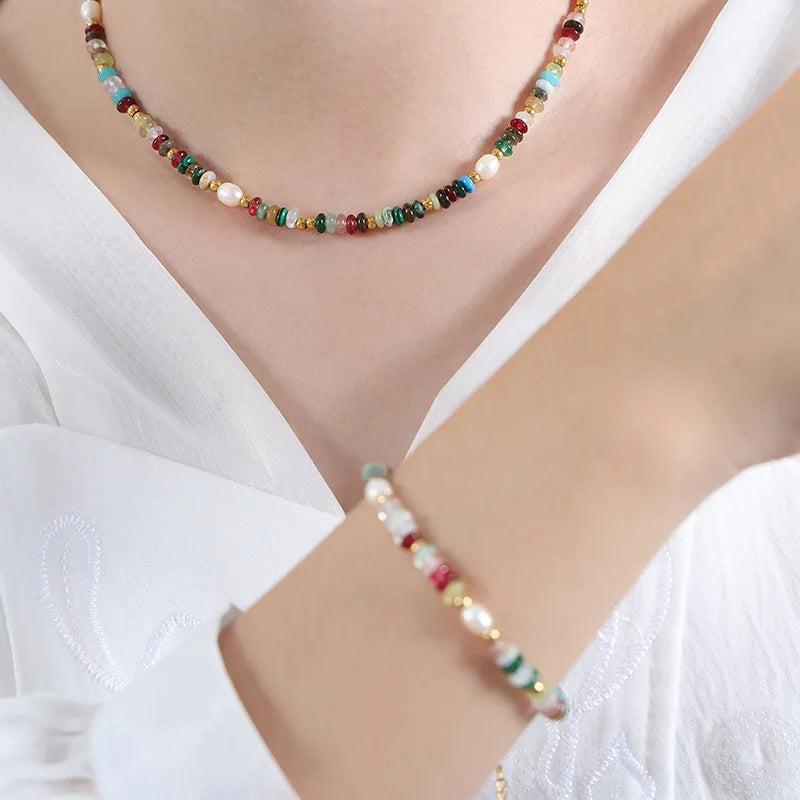 Boho Beaded Necklaces Bracelets For Women Multi Color Natural Stone Beads Stainless Steel Chain Neckalce Bracelet Jewelry Set