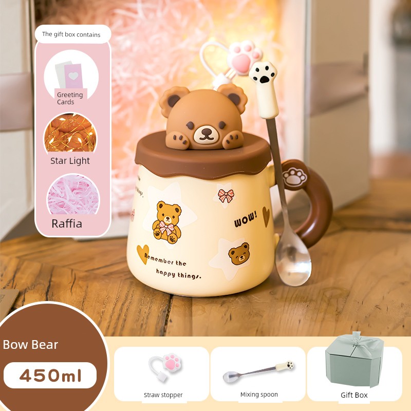 Cute Ceramic Cup Couple with Lid Spoon Straw Mug Home Breakfast Coffee Cup Women Office Water Glass Men