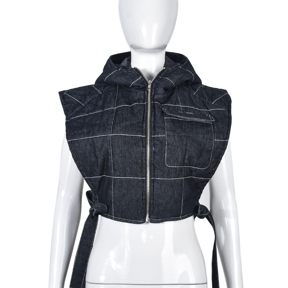 Echoine Winter Sleeveless Side Lace Up Vest Jacket Zipper Denim Hoodies Streetwear Women Clothing Fashion Outwear Crop Top