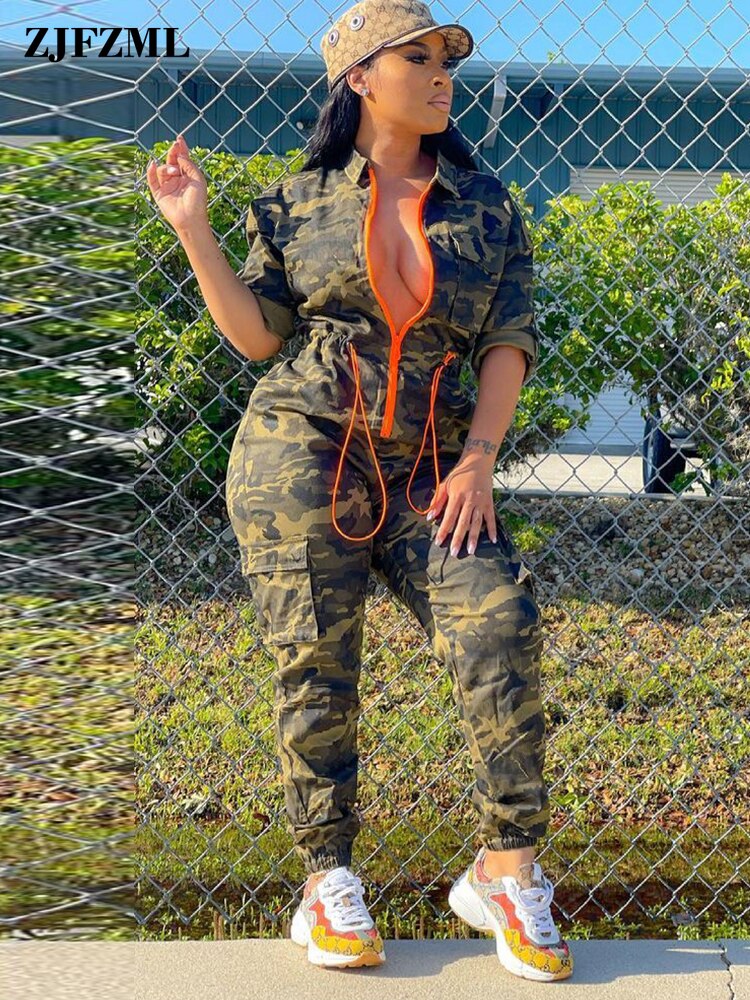 Camouflage Print Sport Rompers Womens Jumpsuit Casual Turn Down Collar Half Sleeve Overalls Active Wear Drawstring Bodysuit New