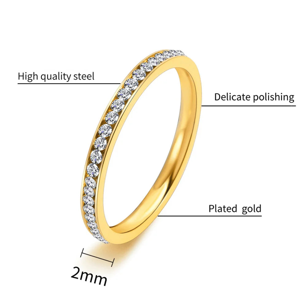 INS 2mm Iced Out Bling CZ Rings For Women Lady Gold Color Stainless Steel Shinny Cubic Zirconia Wedding Ring Elegant Jewelry