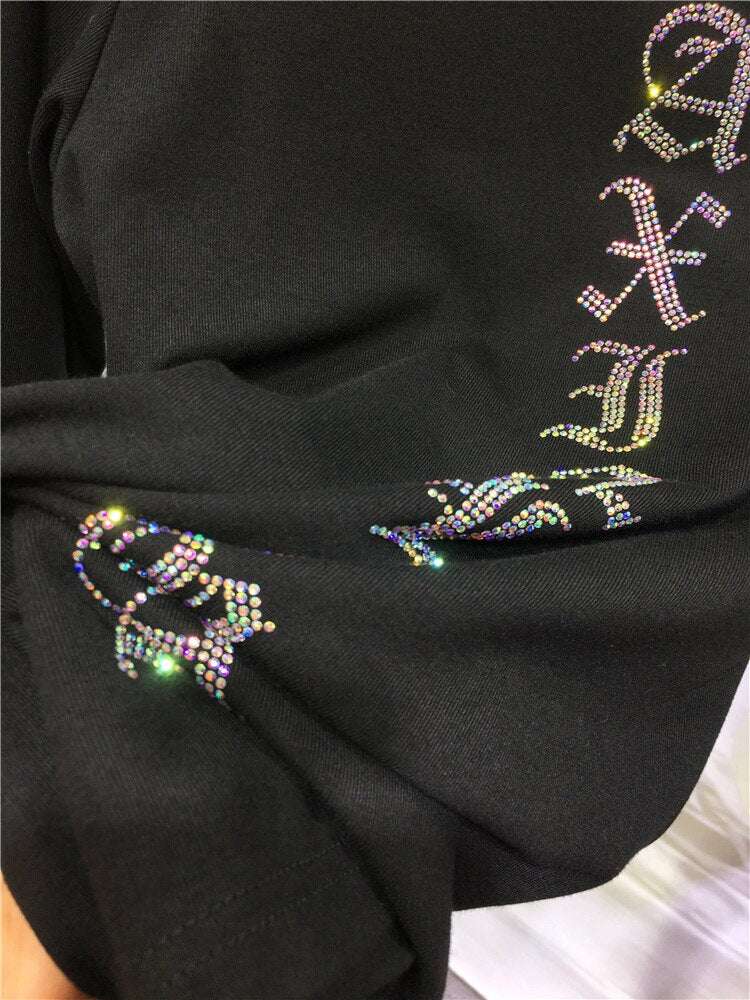 High Quality Hot Drilling Letter High Collar Bottoming Top Half Sleeve Skinny Autumn Black T-shirt All-match Streetwear Pullover