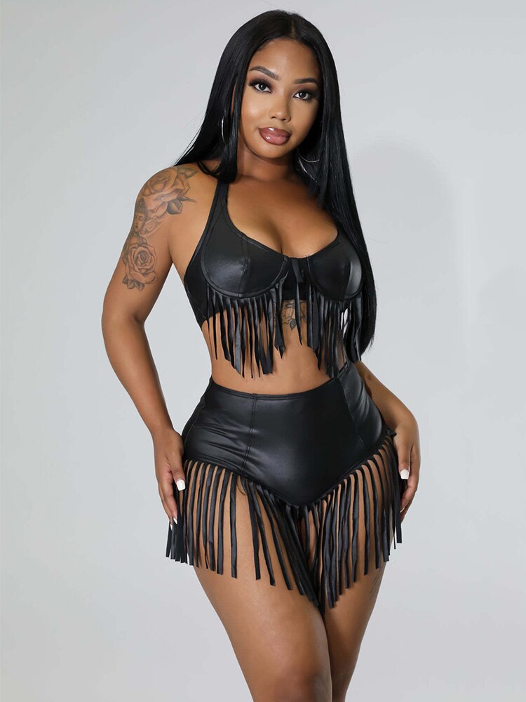 Summer Women Clothing Leather Pu Crop Top Two Piece Shorts Set Clubwear Backless Suit Sexy Outfits Wholesale Bulk Dropshipping