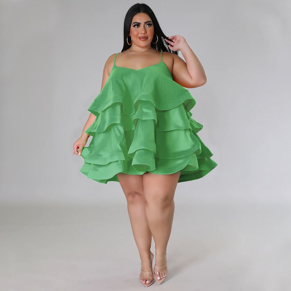 CM.YAYA Plus Size Vintage Women Cascanding Ruffles Big Swing Ball Gown Cake Babydoll Spaghetti Strap Sleeveless Dress Vestidos