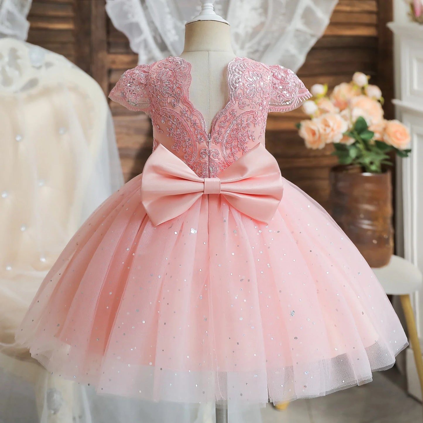 2023 Summer Sequin Big Bow Baby Girl Dress 1st Birthday Party Wedding Dress For Girl Palace Princess Evening Dresses Kid Clothes