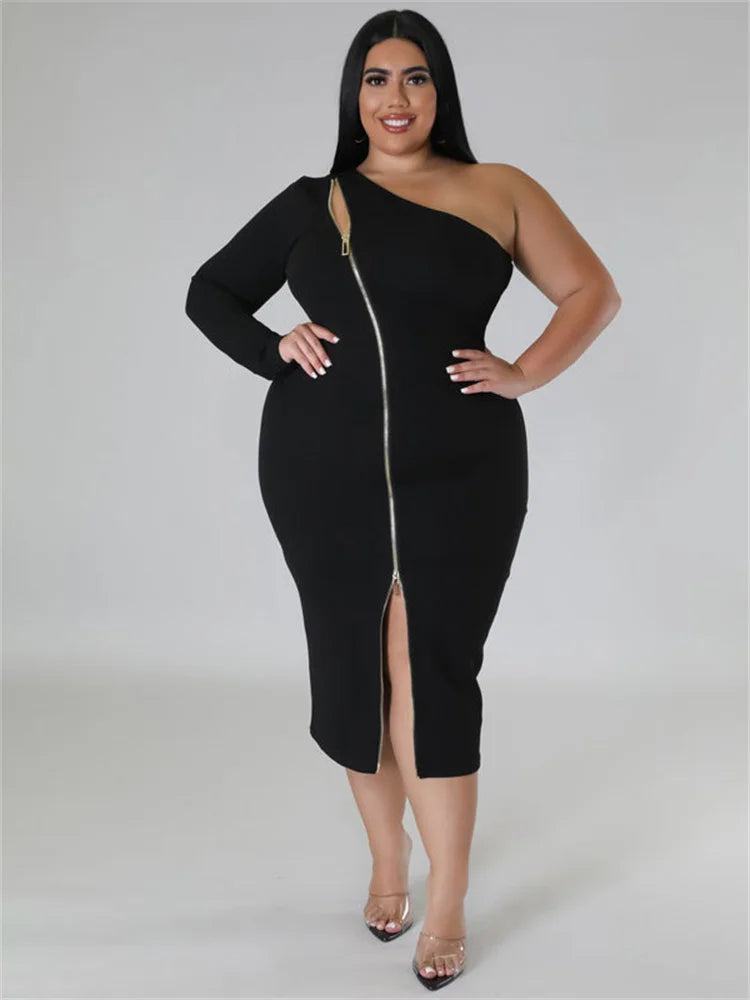 Wmstar Plus Size Dresses for Women Single Sleeve Elegant Solid Sexy Zipper Maxi Dress New Summer Clothes Wholesale Dropshipping