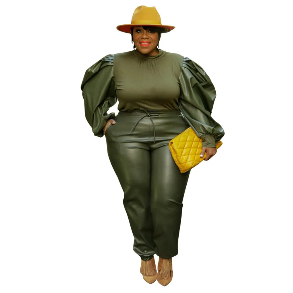 PU Women's Clothing Plus Size Sets Two Piece Outfits Puff Sleeve Patchwork Crop and Pants Streetwear 2022 Wholesale Dropshipping