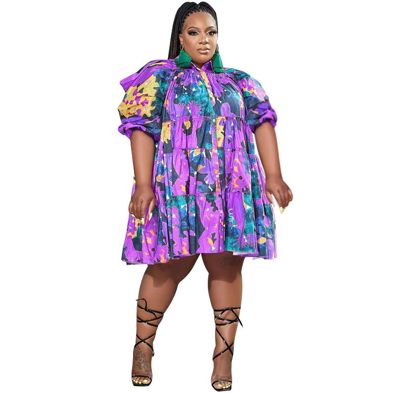 CM.YAYA Elegant Women Graffiti Cape Stye Big Swing Loose Smock Dress Plus Size Curve Chic Single Breasted Shirt Blouse Dresses