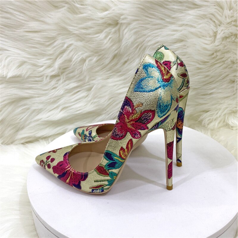 Heelgoo Flower Print Women Gold Pointy Toe D'Orsay High Heel Wedding Bridal Shoes Sexy Ladies Party Stiletto Pumps Size 33-46