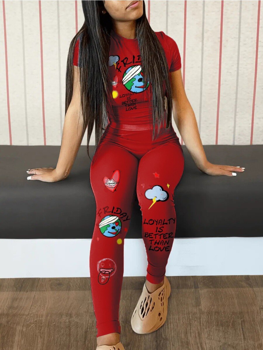 LW Cartoon Letter Heart PrintTwo Pieces Cress Neck Pullover Tee+Elastic Waist Trousers Summer Spring Matching Outfits Women 2PC