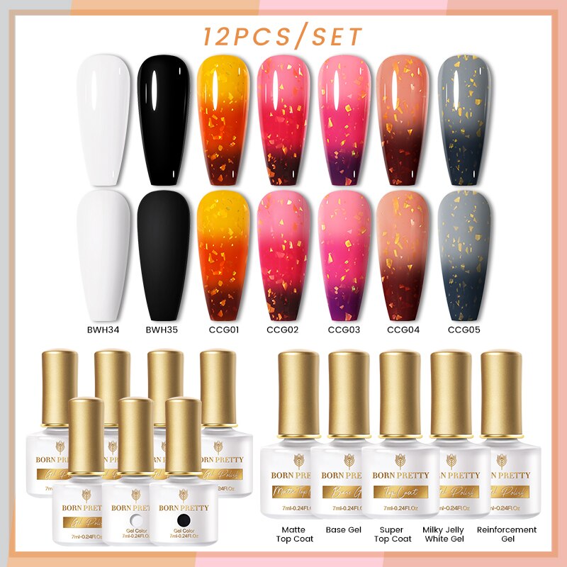 BORN PRETTY 10/12Pcs Gel Nail Polish Set 7ml Jelly Nude Gel &amp; Rainbow Cat Magnetic Gel Polish for Nail Art Design Base Top Coat