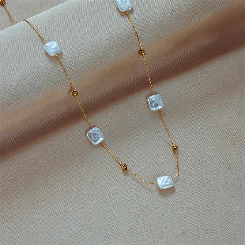 DIEYURO 316L Stainless Steel Square Large Pearl Pendant Necklace For Women New Fashion Girls Clavicle Chain Party Jewelry Gift