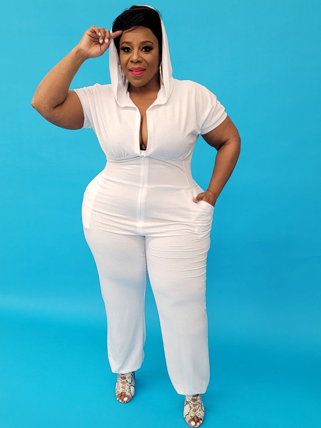 CM.YAYA Women Plus Size Jumpsuit Solid Hooded Zipper Strechy Jumpsuits with Pockets Casual One Piece Overall Summer Outfit