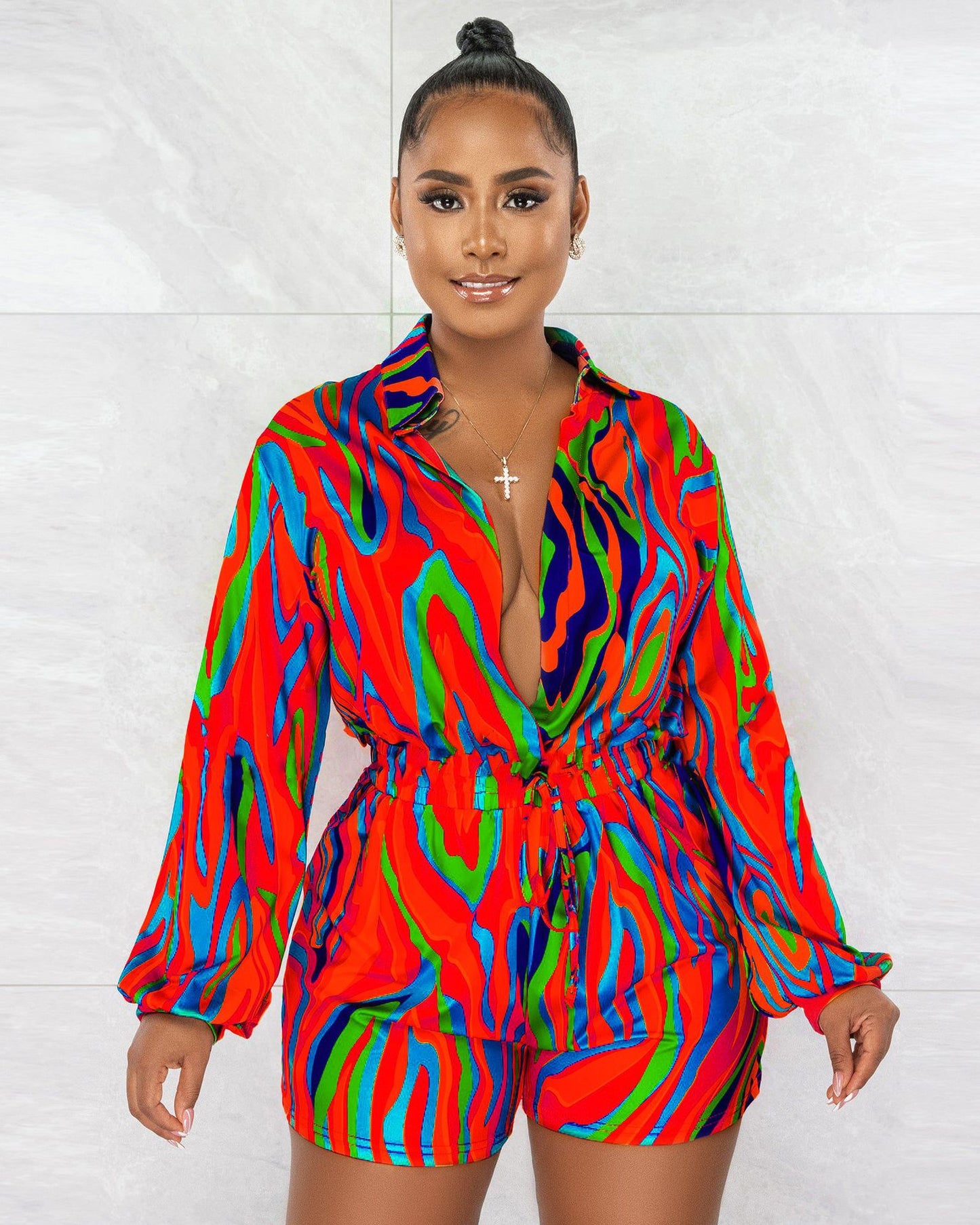 CM.YAYA Chic Women Tie Dye Black Hole Wrap Lapel Collar Long Sleeve Shirt Style Romper 2023 Spring INS One Piece Suit Playsuit