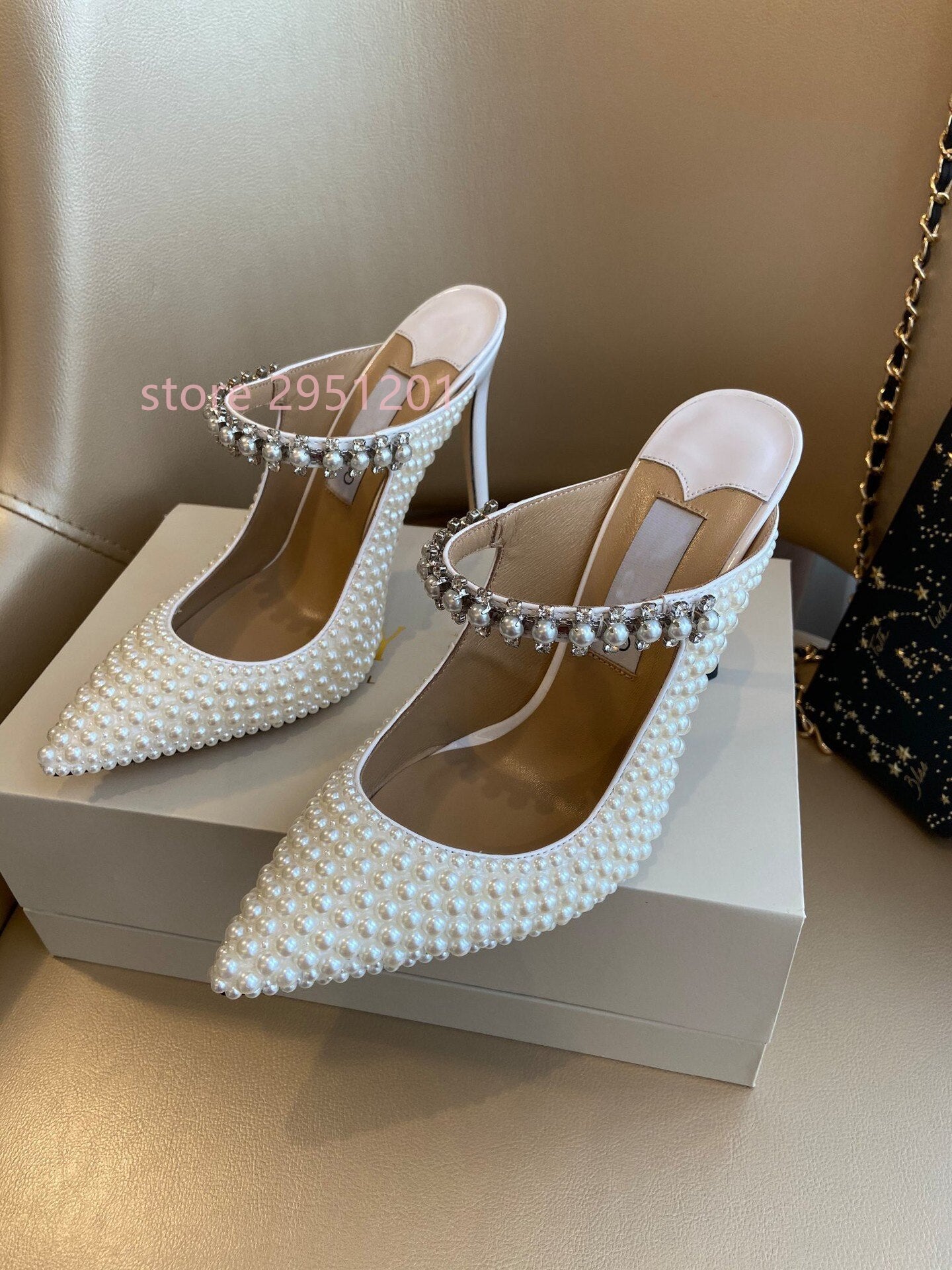 Pearl High Heel Sandals Women Deep Toe Rhinestone Diamond Thin High Heels Shoes Woman White Wedding Bride Heels