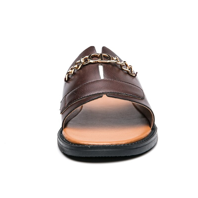 New Sandals Men Shoes PU Solid Color Fashion Casual Beach Pool Daily One Word Open Toe Metal Chain Comfortable Slippers CP169