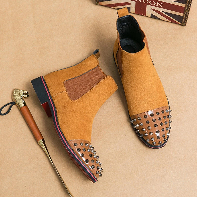 New Black Men Chelsea Boots Flock Rivet Square Toe Red Sole Punk Handmade Men Short Boots Free Shipping Bottes Pour Hommes