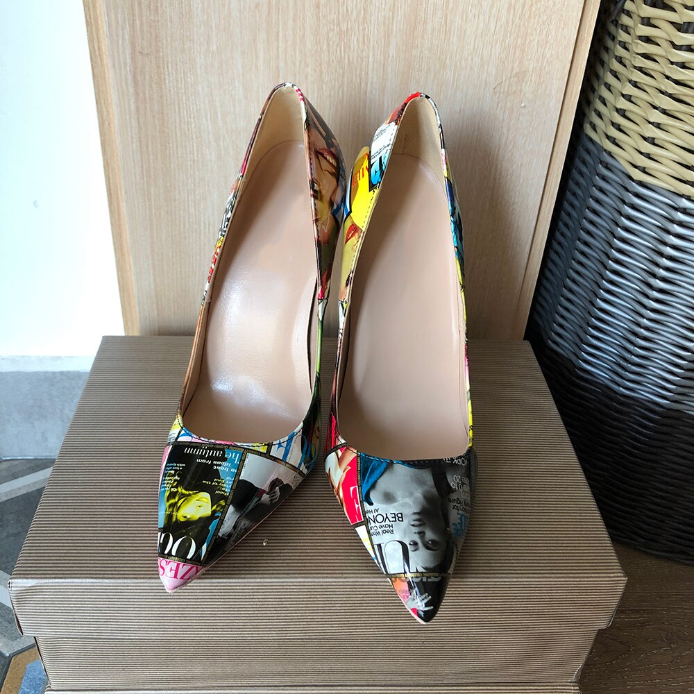 Veowalk Magazine Print Women Pointy Toe High Heel Shoes 80 100 120 Sexy Designer Stiletto Pumps for Party Big Size 43 44 45