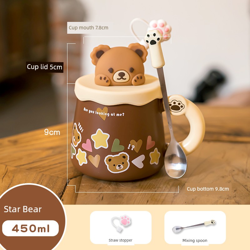 Cute Ceramic Cup Couple with Lid Spoon Straw Mug Home Breakfast Coffee Cup Women Office Water Glass Men