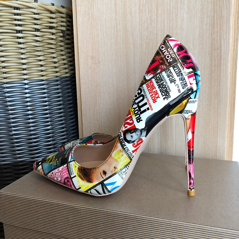 Veowalk Magazine Print Women Pointy Toe High Heel Shoes 80 100 120 Sexy Designer Stiletto Pumps for Party Big Size 43 44 45