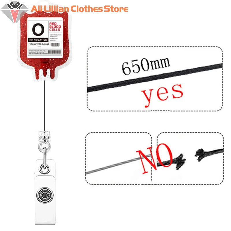 Acrylic Glitter Blood Bags Organ Retractable Badge Keychain Metal Clip Nurse Name ID Card Holder For Doctor Nurse Accessories