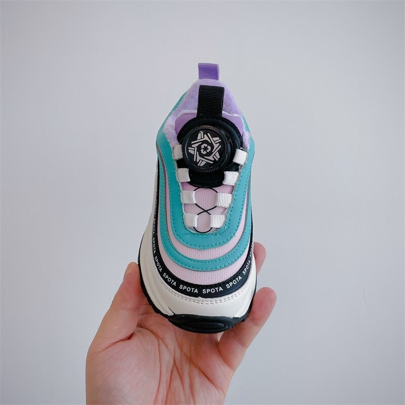 2022 Winter New Children's Shoes Boys' Knob Sports Cotton Shoes Korean Thickened Thermal Girl's Colorful Strips Sneakers