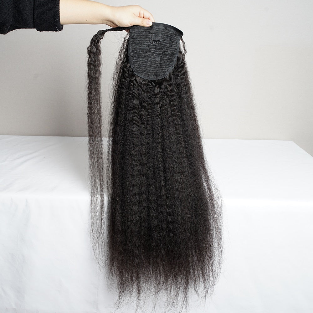 Kinky Straight Ponytail Human Hair Extension 65g/100g/145g Wrap Around Clip In Ponytail Natural Black Remy Indian Yaki Hair